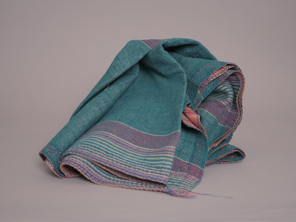 Vintage Kantha Couvre Lit Turquoise