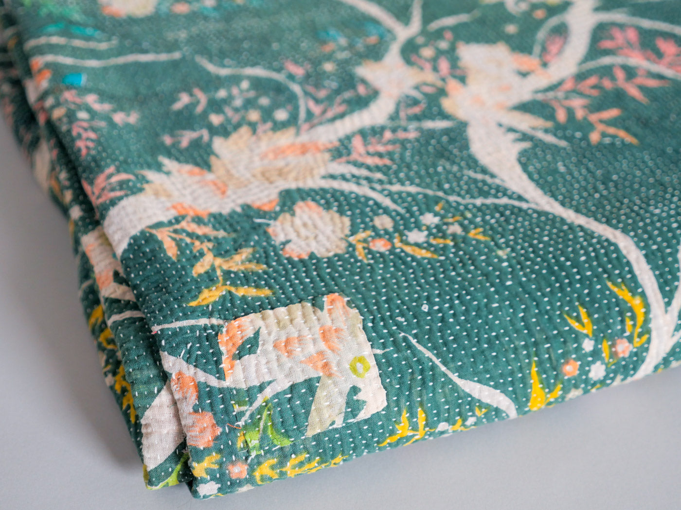 Vintage Kantha Bedspread in Recycled Cotton No.14 "Green Forest" Secondary image