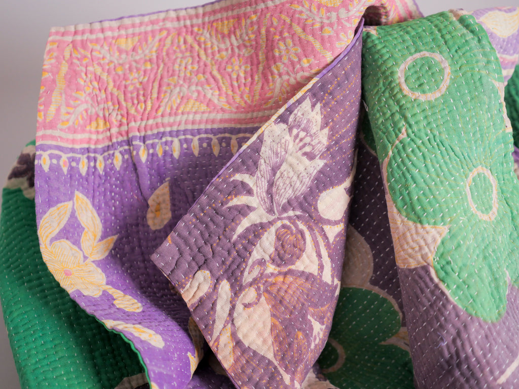Vintage Kantha Bedspread in Recycled Cotton No.106 "Midnights and Green"