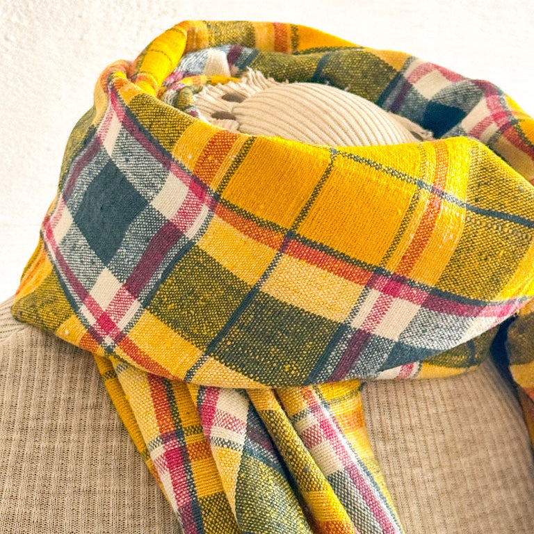 Handwoven eri silk scarf, Turmeric & Green