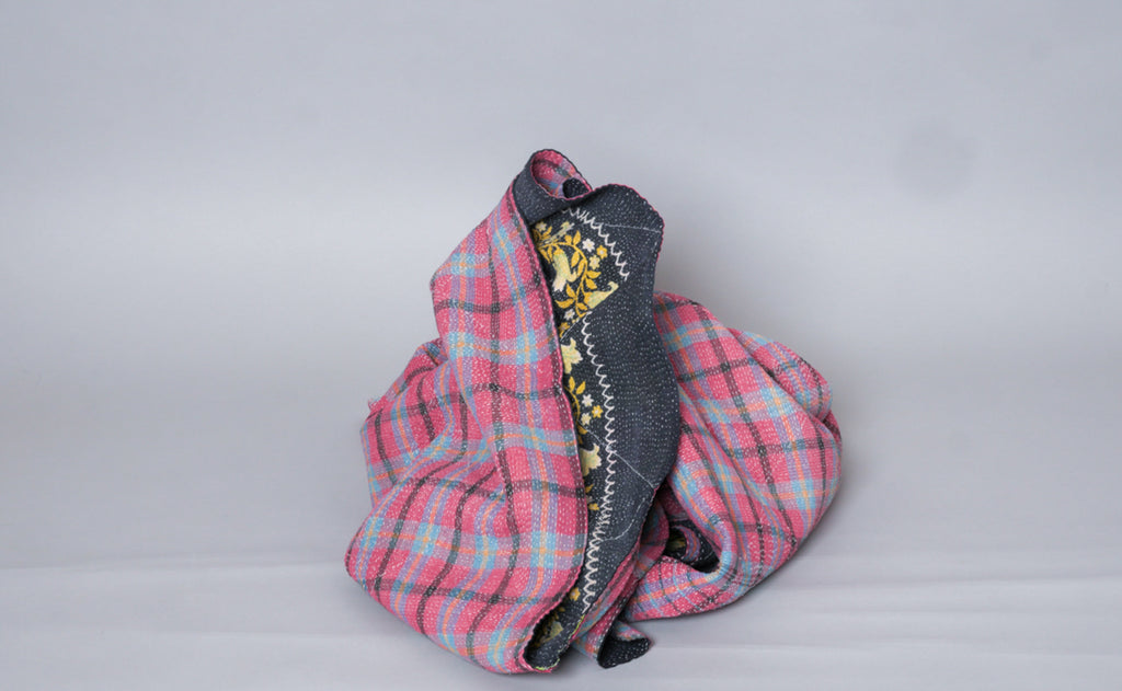 Kantha sari bedspread, Tartan No.21 recycled cotton hand-embroidered