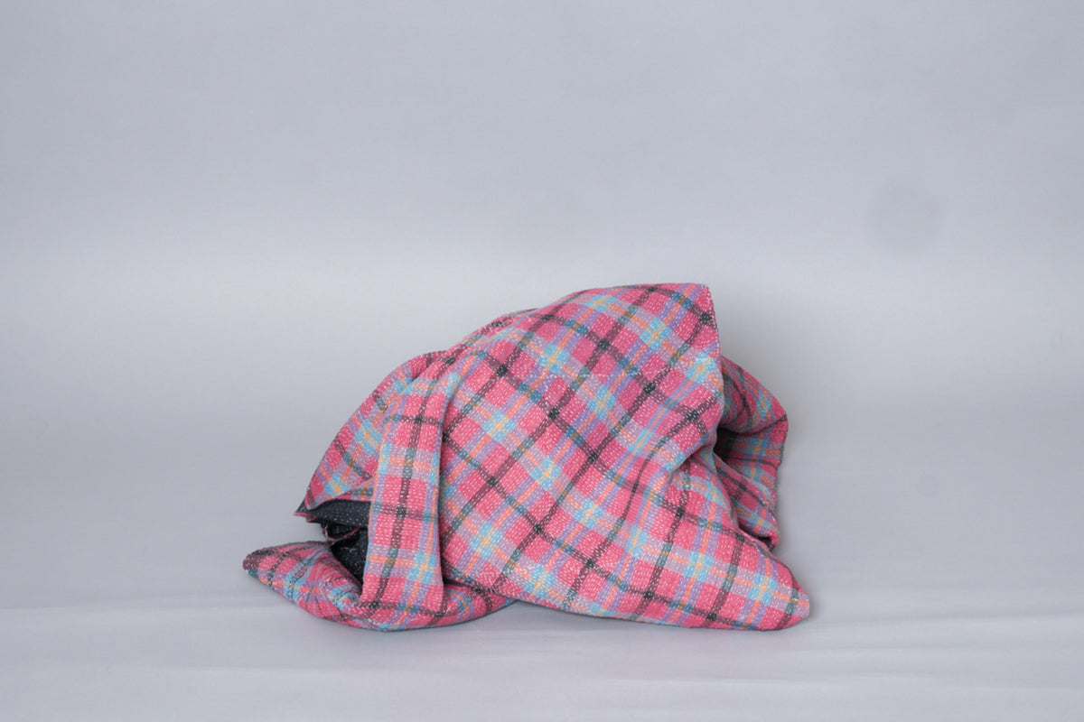 Kantha sari bedspread, Tartan No.21 recycled cotton hand-embroidered
