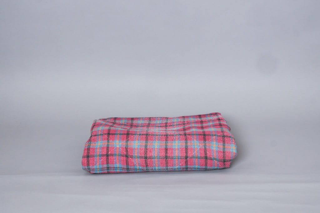 Kantha sari bedspread, Tartan No.21 recycled cotton hand-embroidered