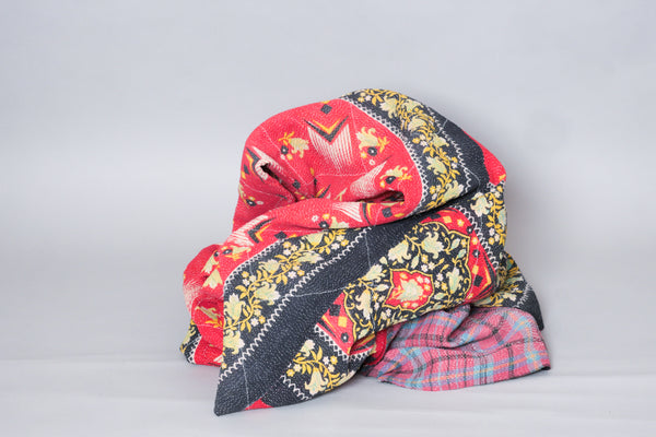 Kantha sari bedspread, Tartan No.21 recycled cotton hand-embroidered