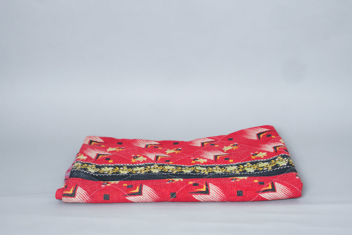 Kantha sari bedspread, Tartan No.21 recycled cotton hand-embroidered