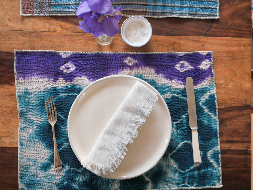 Set of 2 Vintage Kantha Placemats, Blue Violet Graphic
