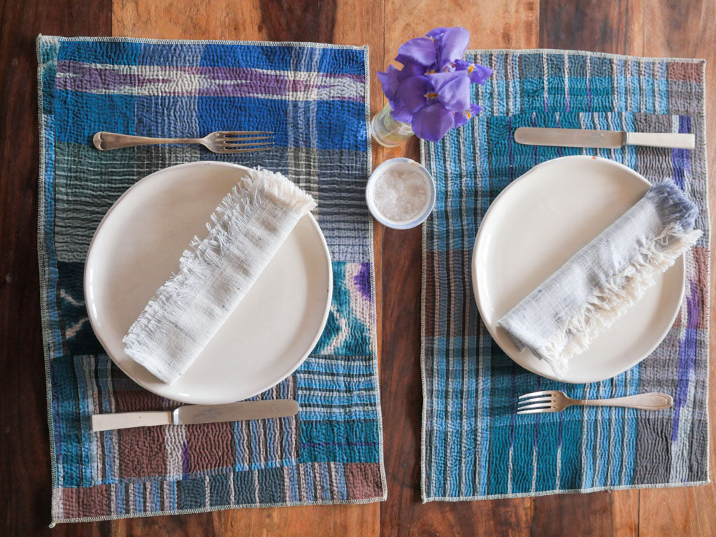 Set of 2 Vintage Kantha Placemats, Blue Violet Graphic
