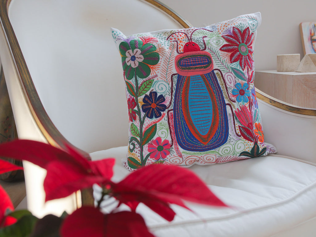 Hand-embroidered cushion, Royal Blue Bug