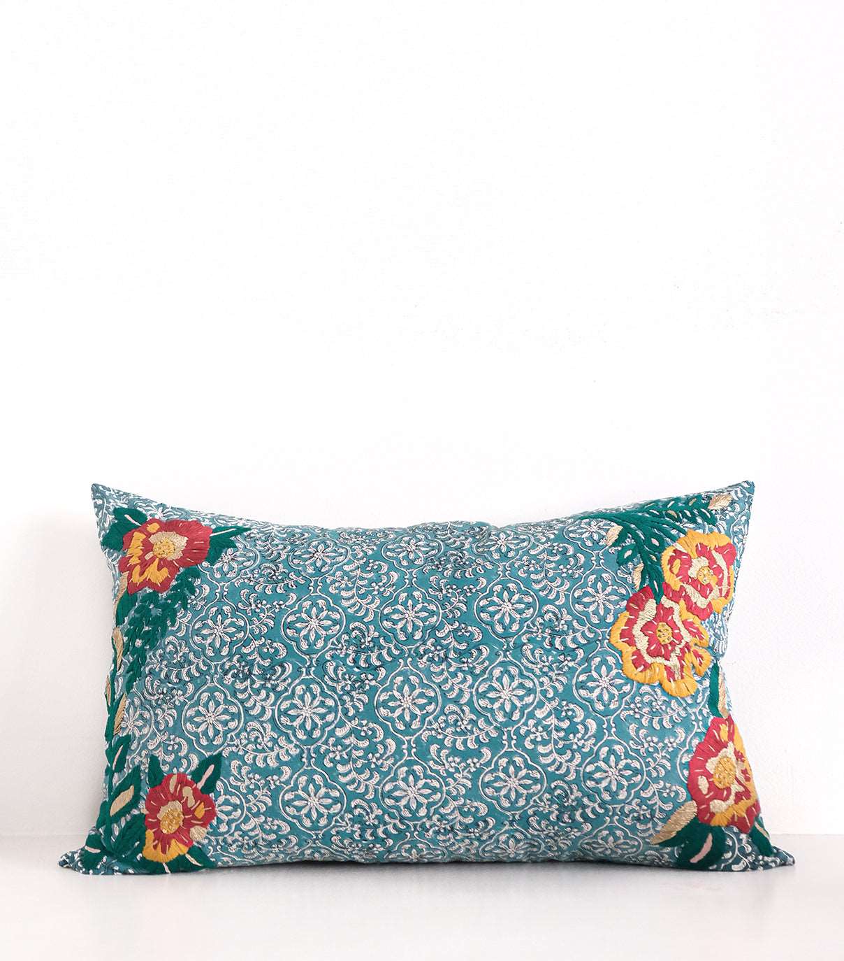 Block printed cotton , hand embroidered cushion cover