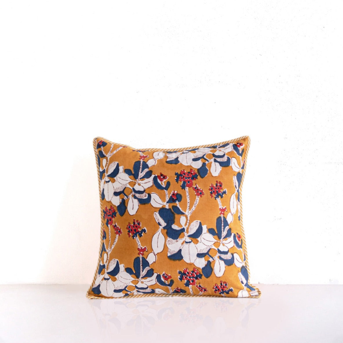 Iris mustard block print cushion