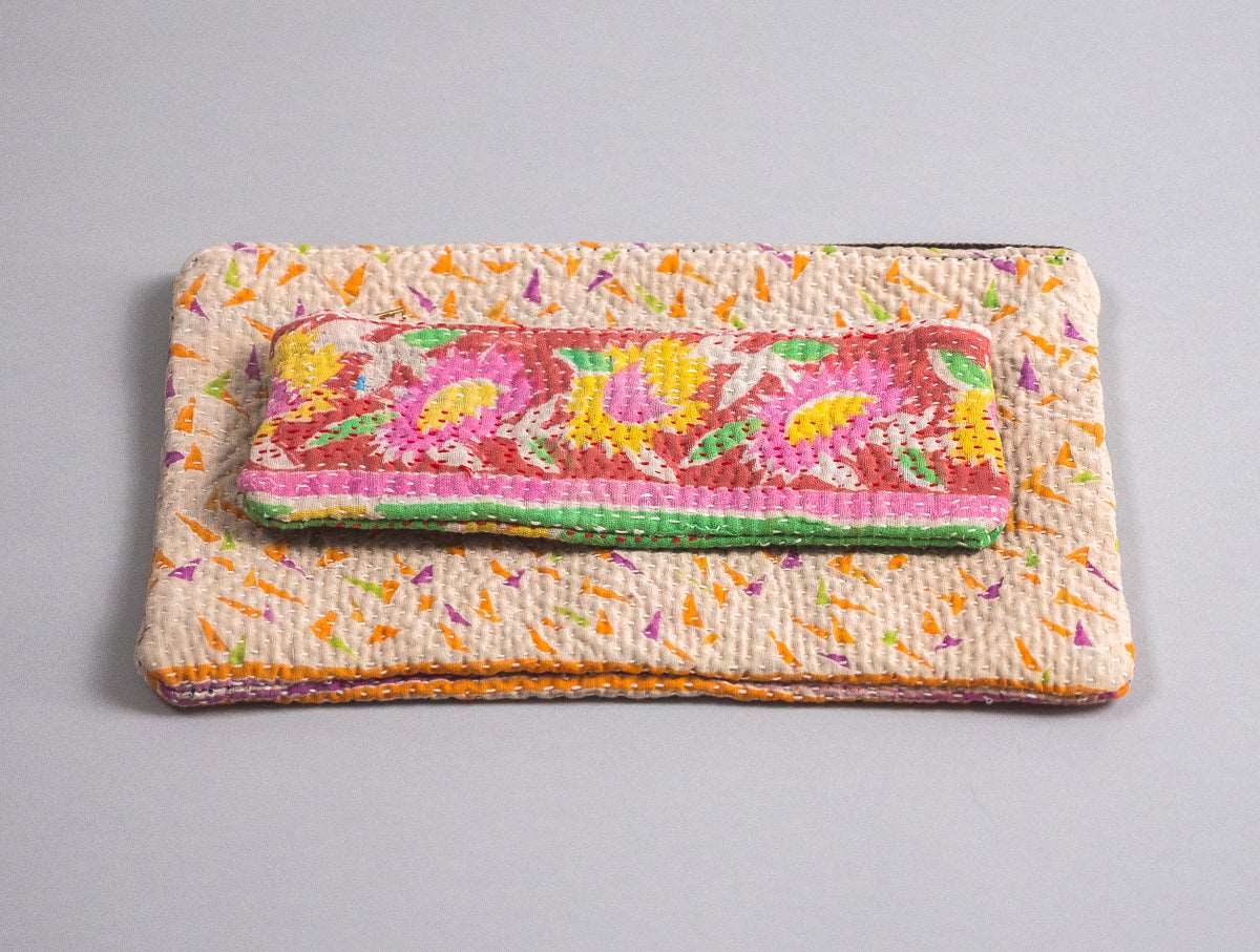 Pencil, make up, glasses case in hand stitched recycled cloth