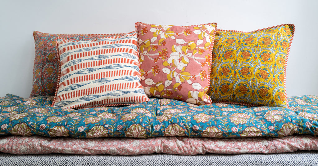 Iris mustard blockprint cushion