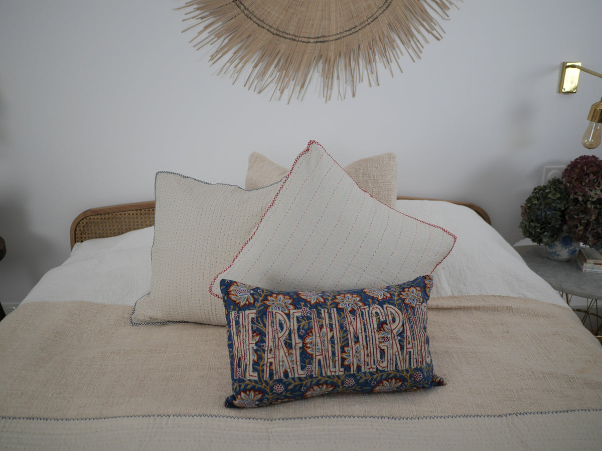 Contemporary kantha cushion, blue