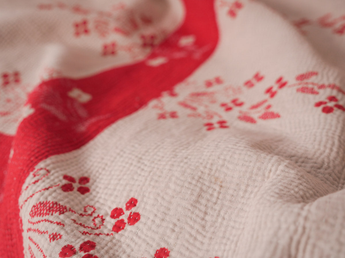 Vintage Kantha quilt No.6 "Red Folk Flowers" Bedspread in vintage sari fabric.