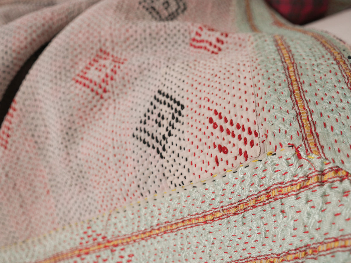 Vintage Kantha quilt. Cotton throw made from repurposed cotton saris,