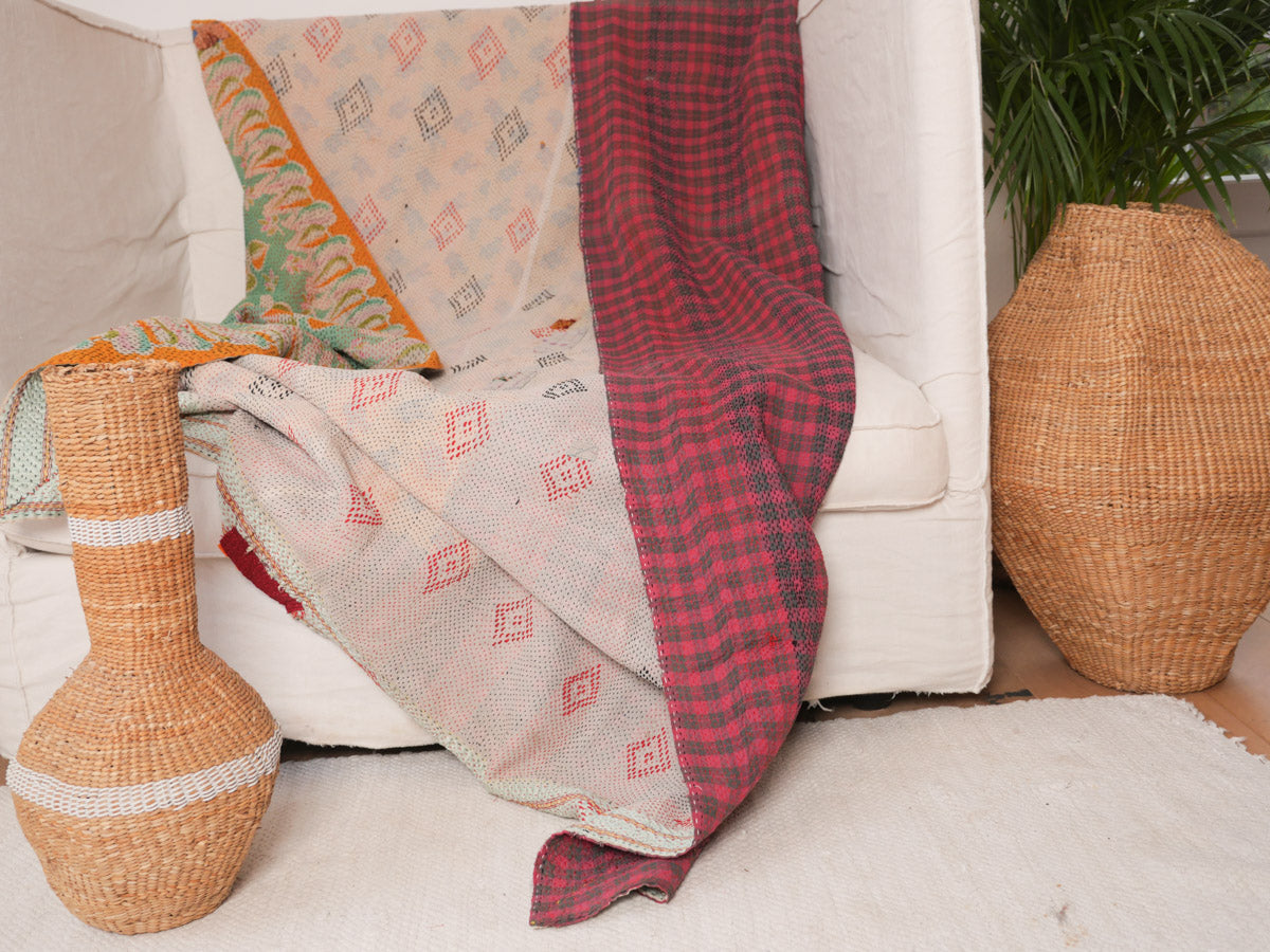 Vintage Kantha quilt. Cotton throw made from repurposed cotton saris,