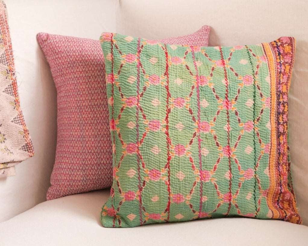 Kantha cushion made with recycled saris.