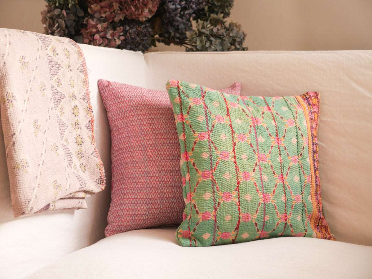 Kantha cushion made with recycled saris.
