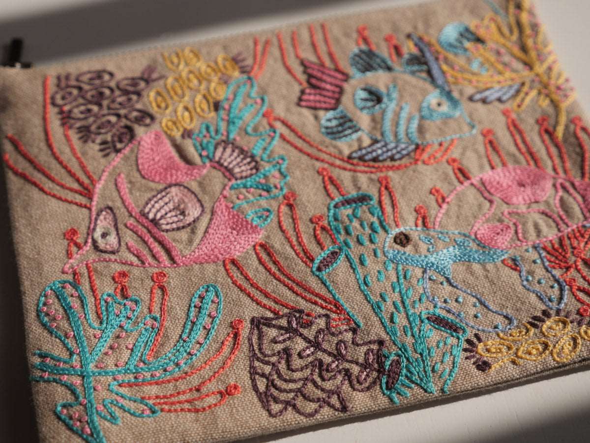 Hand embroidered pouch, coral reef