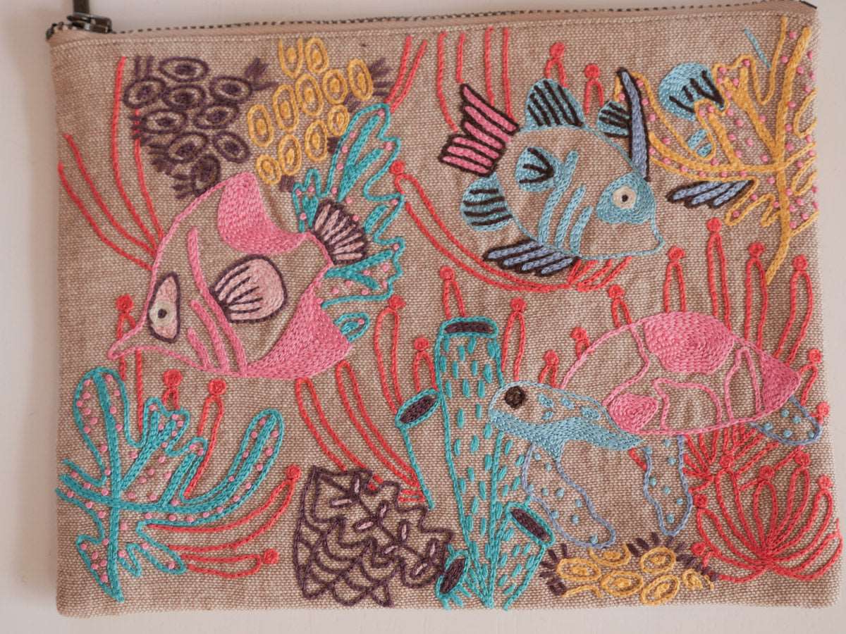 Hand embroidered pouch, coral reef