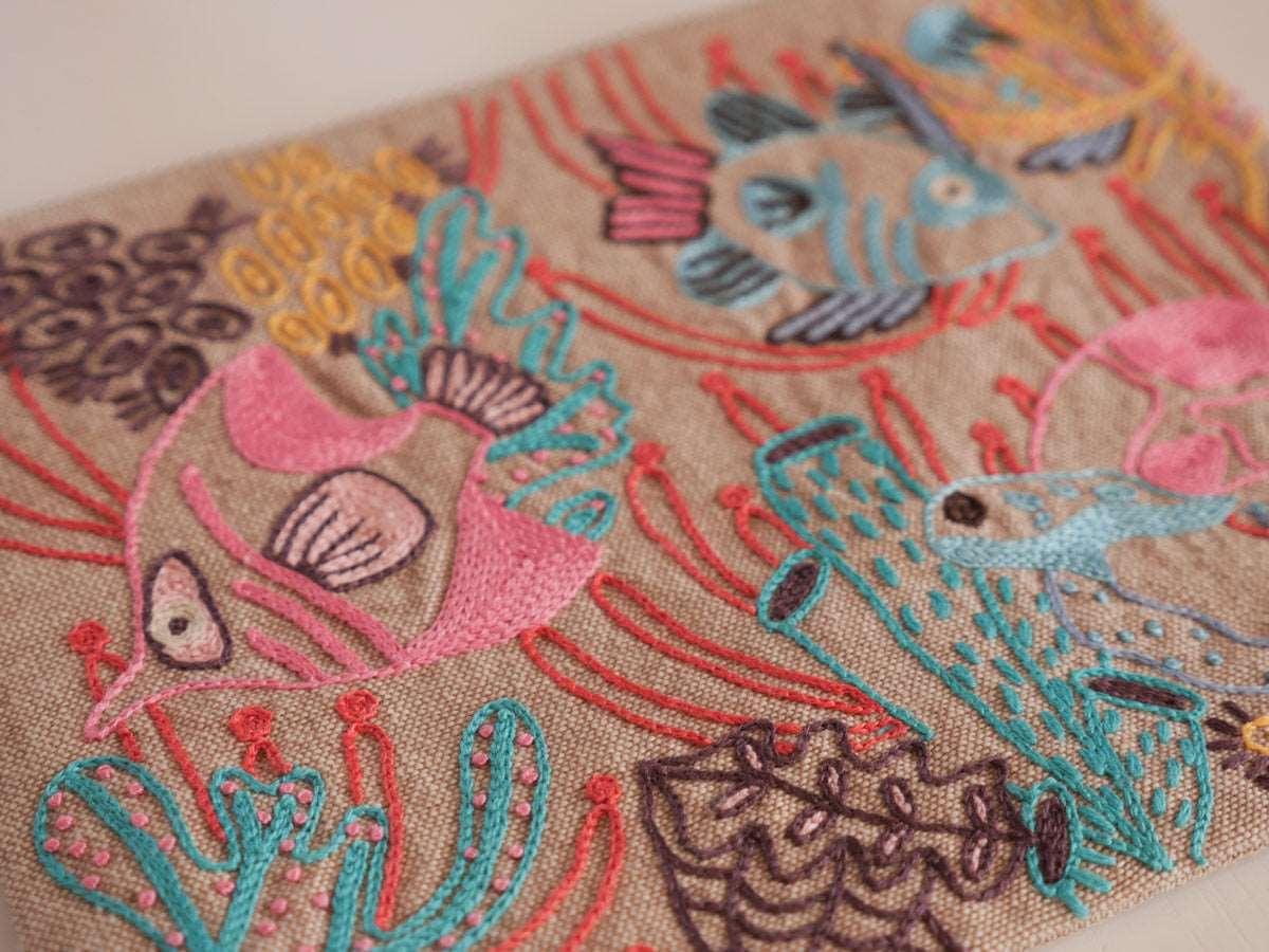 Hand embroidered pouch, coral reef