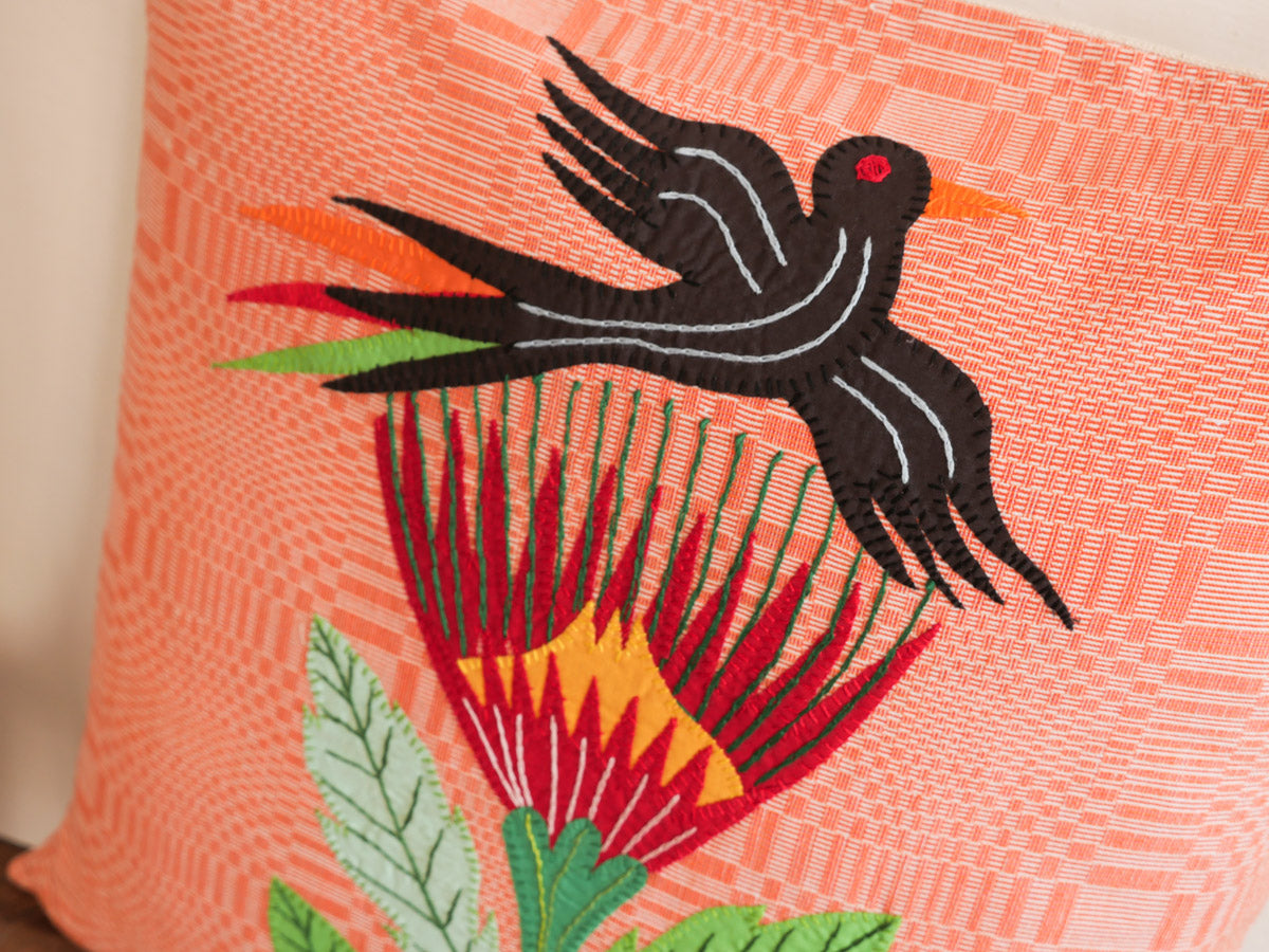 Hand-embroidered Binakol protea bird cushion, No3 Secondary image