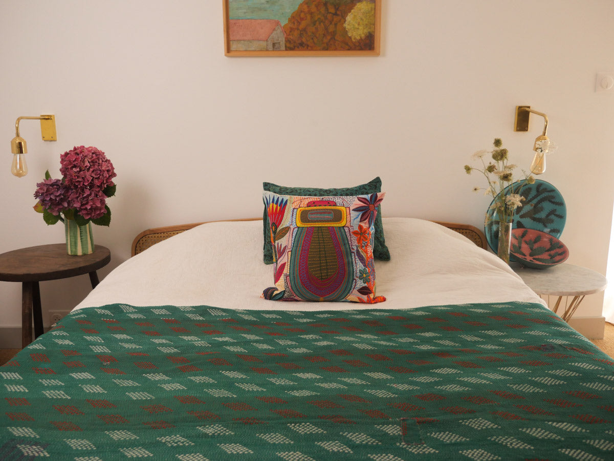 Vintage Kantha quilt No.158 "Emerald Diamond" Main image