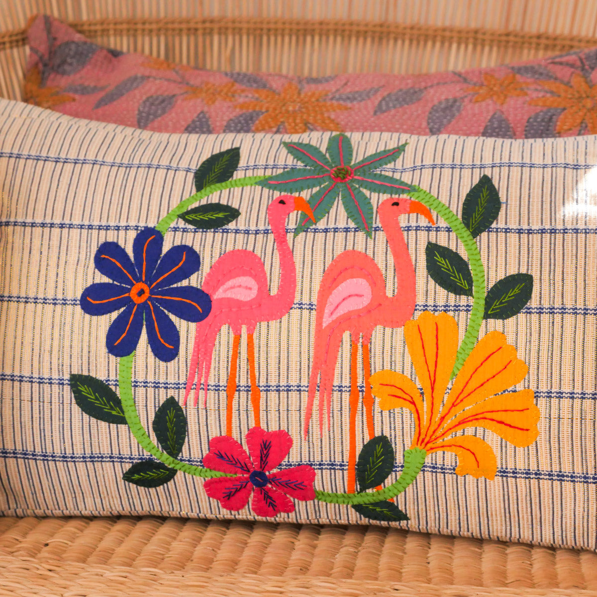 Yellow Hibiscus Flamingo, embroidered cushion Secondary image