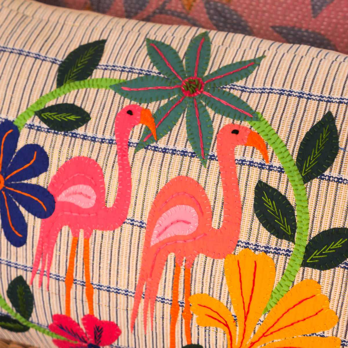 Flamingo flower cushion , hand embroidered
