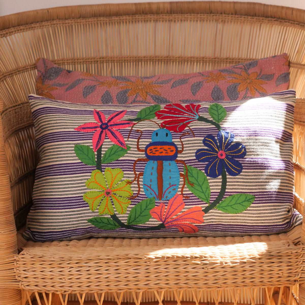 Aqua Beetle cushion, embroidery on handloomed cloth
