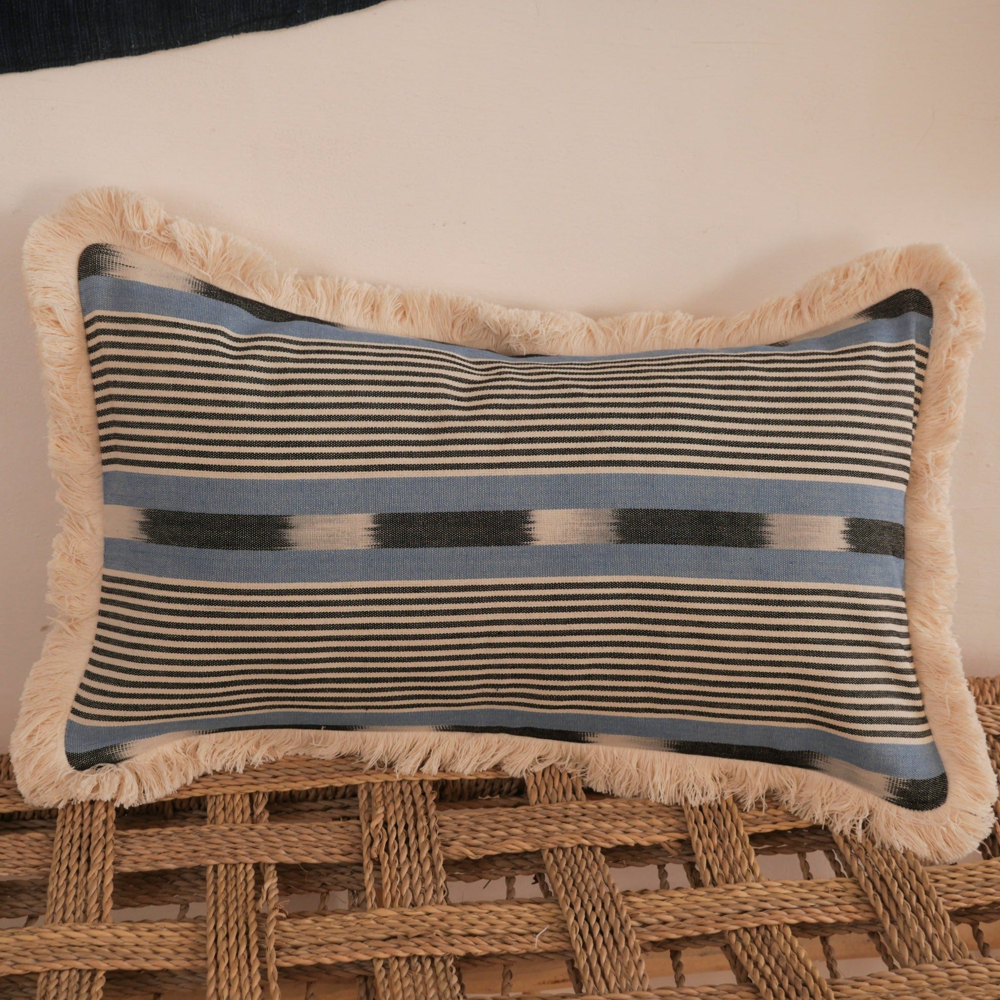 Handloomed cushion, "Black stripe blue" Secondary image