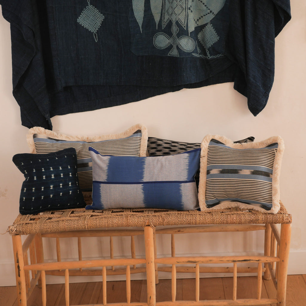 Handloomed cushion, "Black stripe blue"