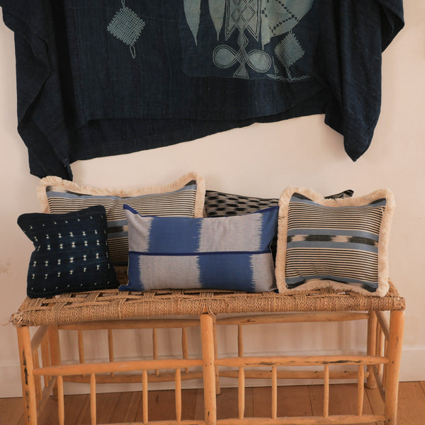 Handloomed cushion, "Black stripe blue"