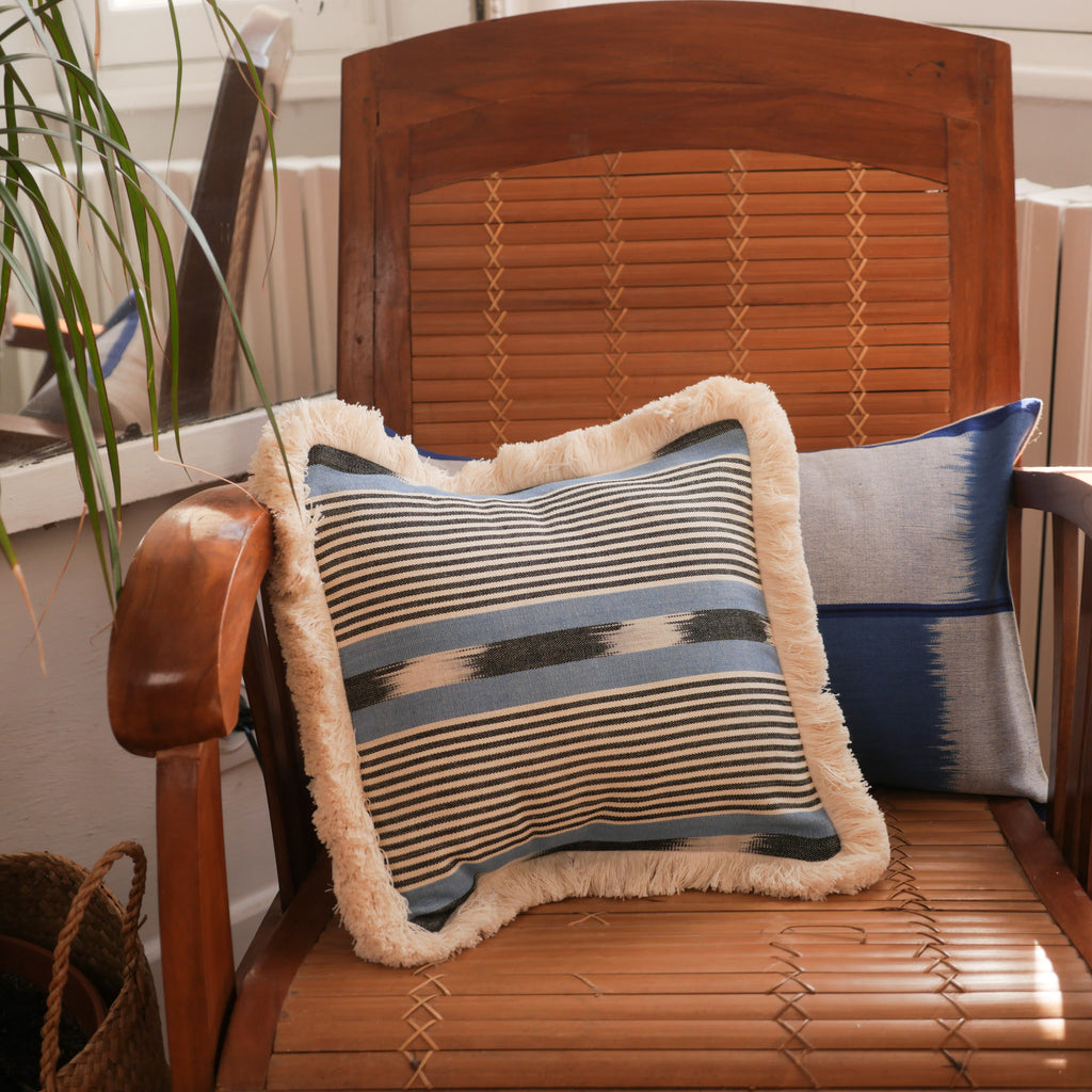 Handloomed cushion, "Black stripe blue"