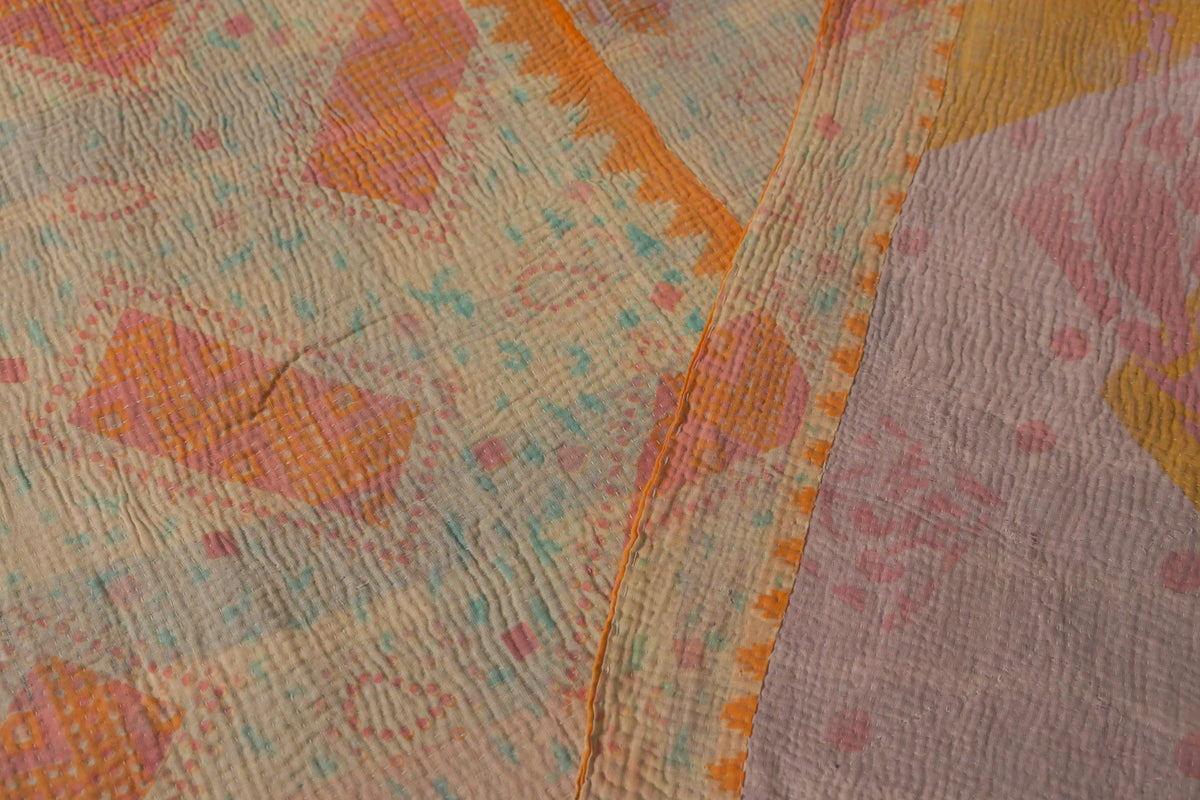 Kantha sari bedspread No.11, Faded Pastels, hand-embroidered recycled cotton