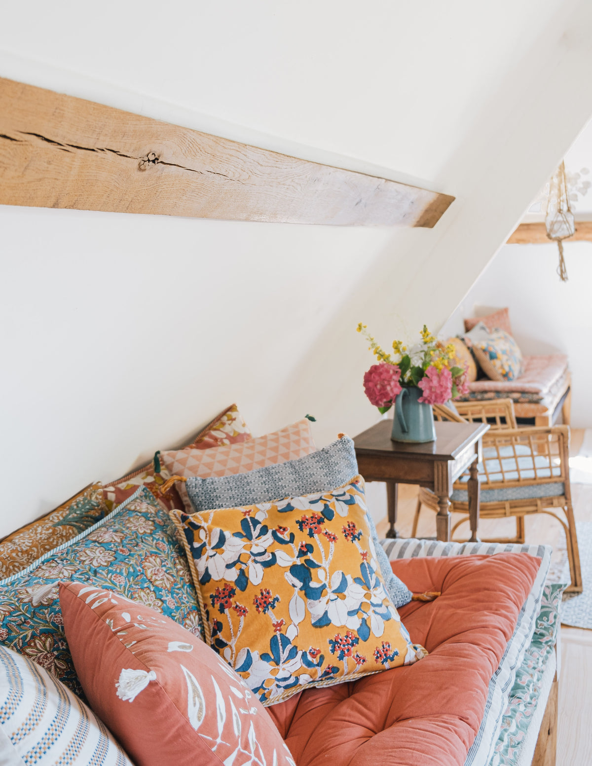 Iris mustard blockprint cushion