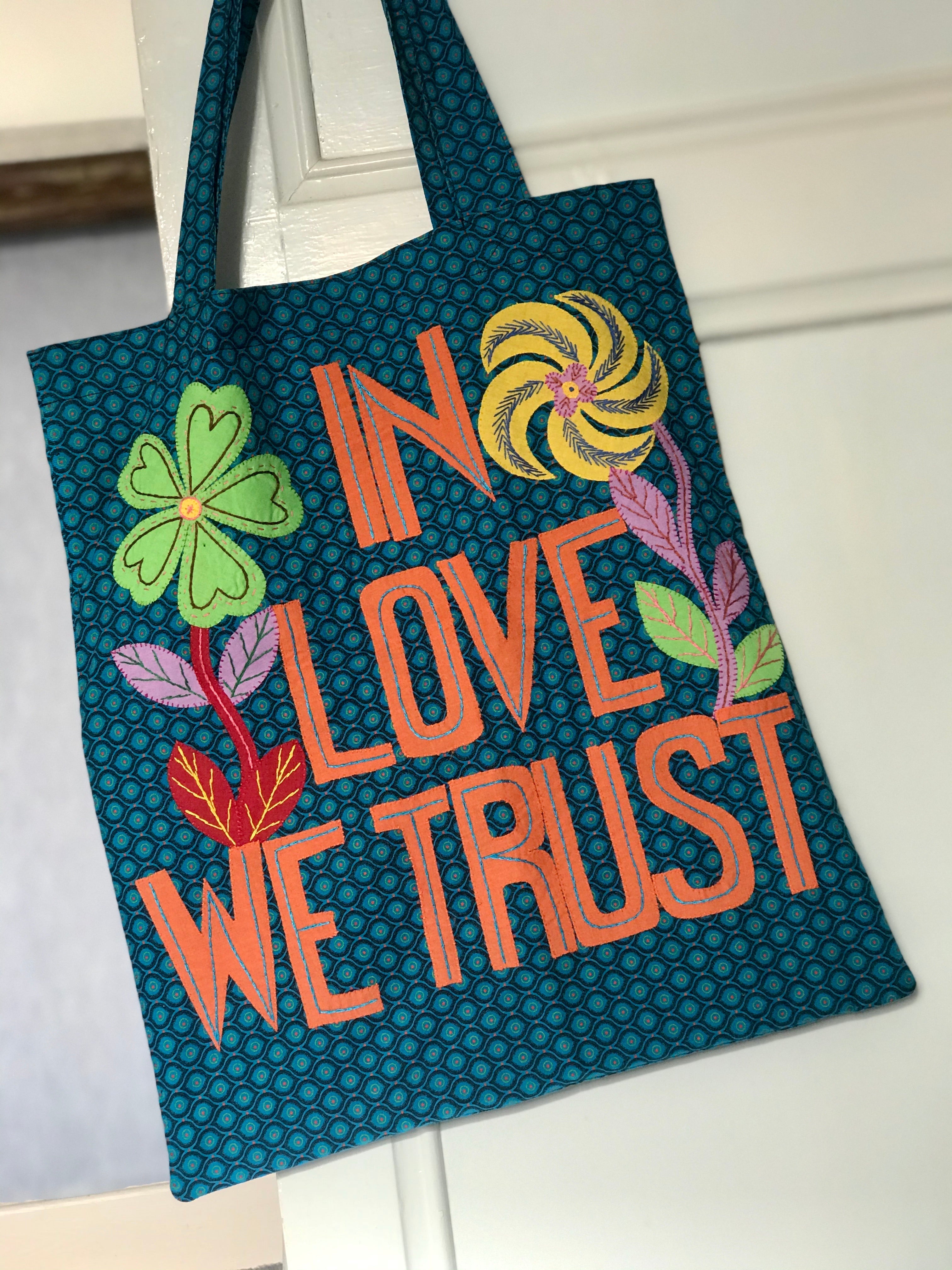 Embroidered cotton tote bag.  In Love We Trust, 45X40 CM